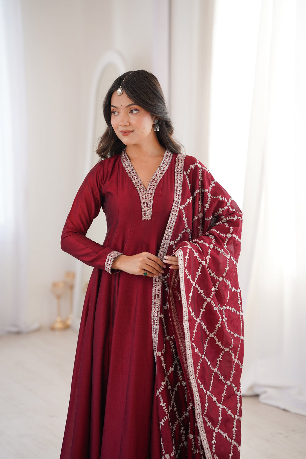 Lorenvalley Fashion Maroon Vichitra Silk with Full Kali Pattern Embroidery work Anarkali Gown with Dupatta