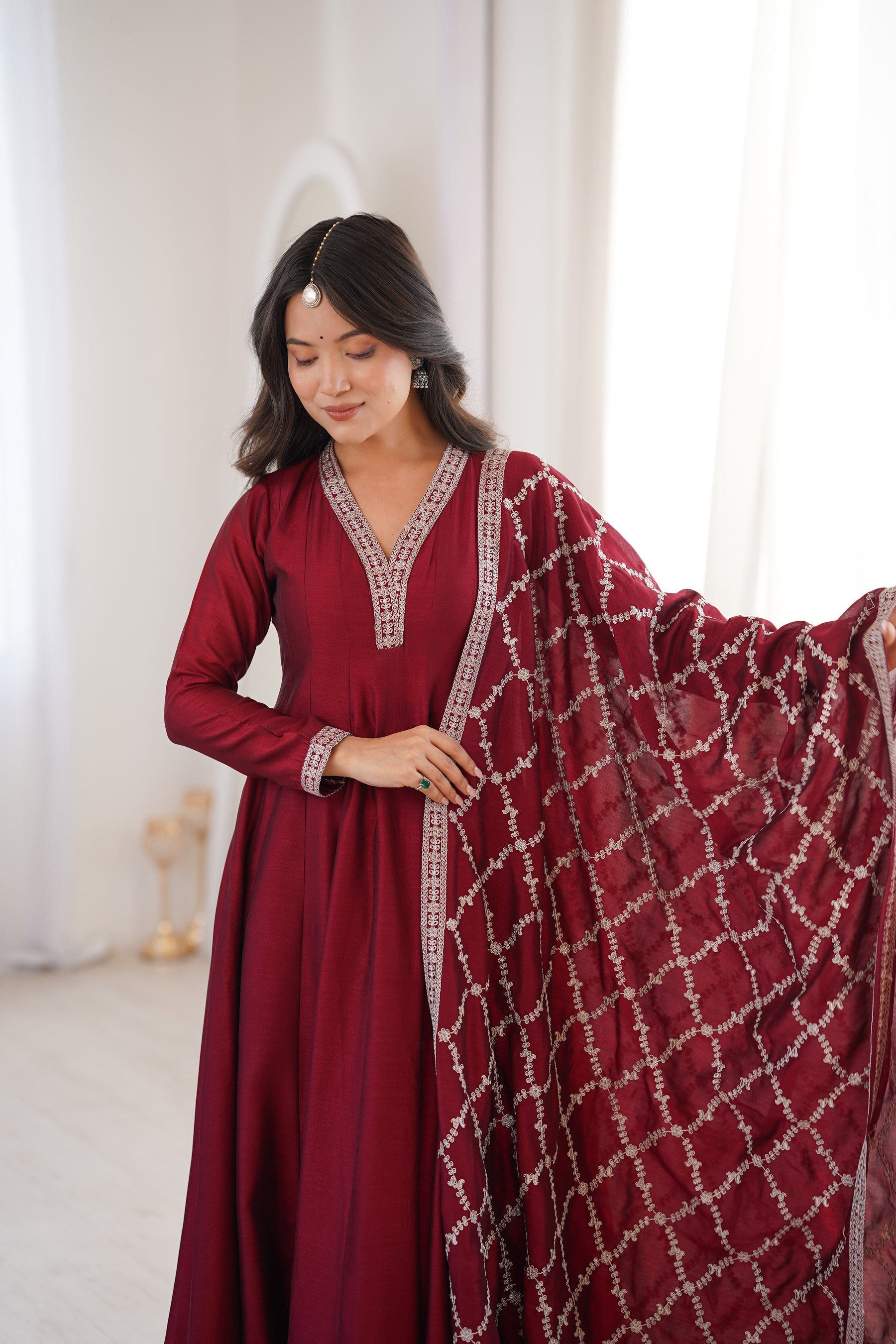 Lorenvalley Fashion Maroon Vichitra Silk with Full Kali Pattern Embroidery work Anarkali Gown with Dupatta