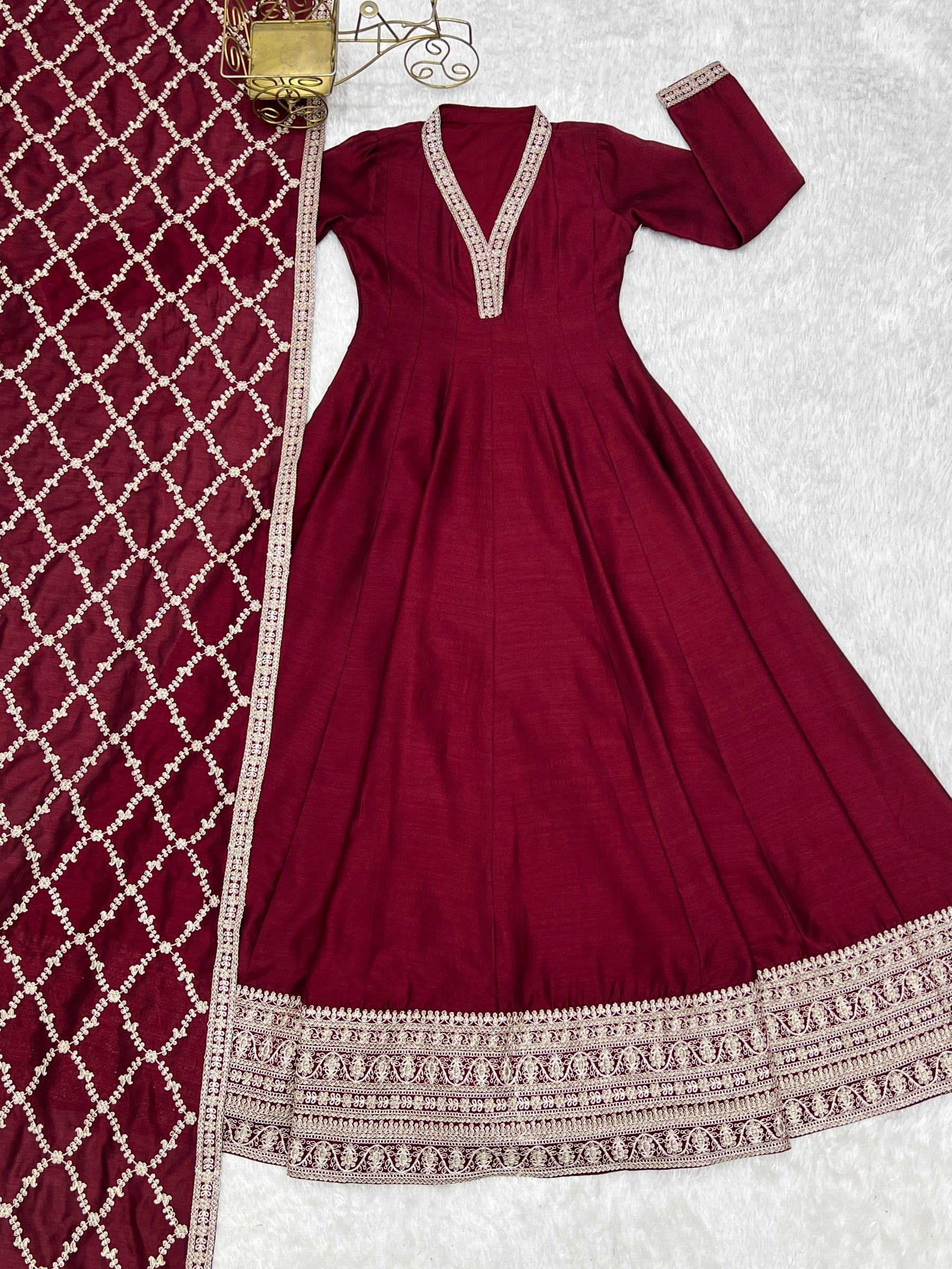 Lorenvalley Fashion Maroon Vichitra Silk with Full Kali Pattern Embroidery work Anarkali Gown with Dupatta