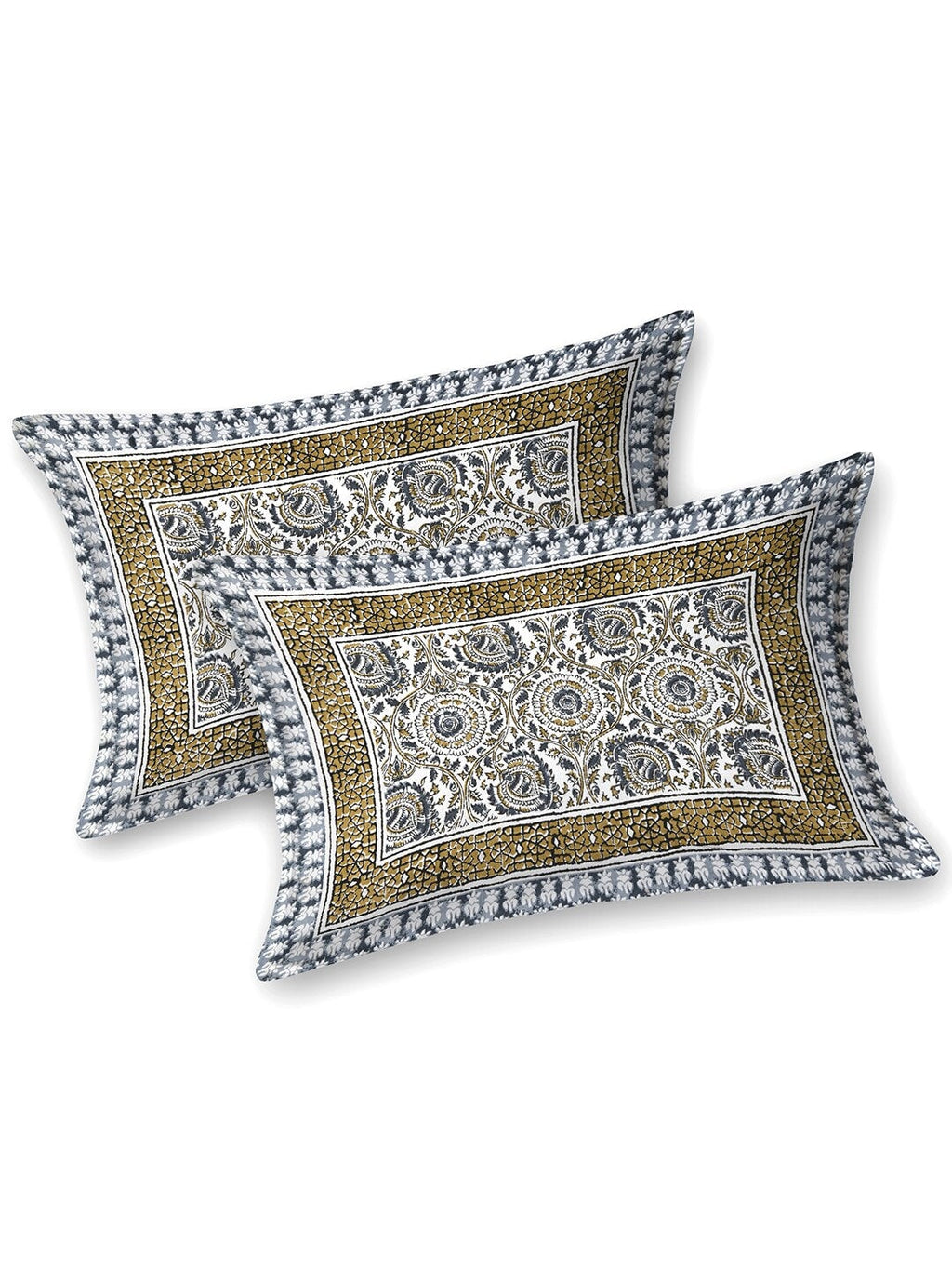 BELLA CASA Ethic White & Blue Printed Cotton 180 TC King Bedsheet with 2 Pillow Covers