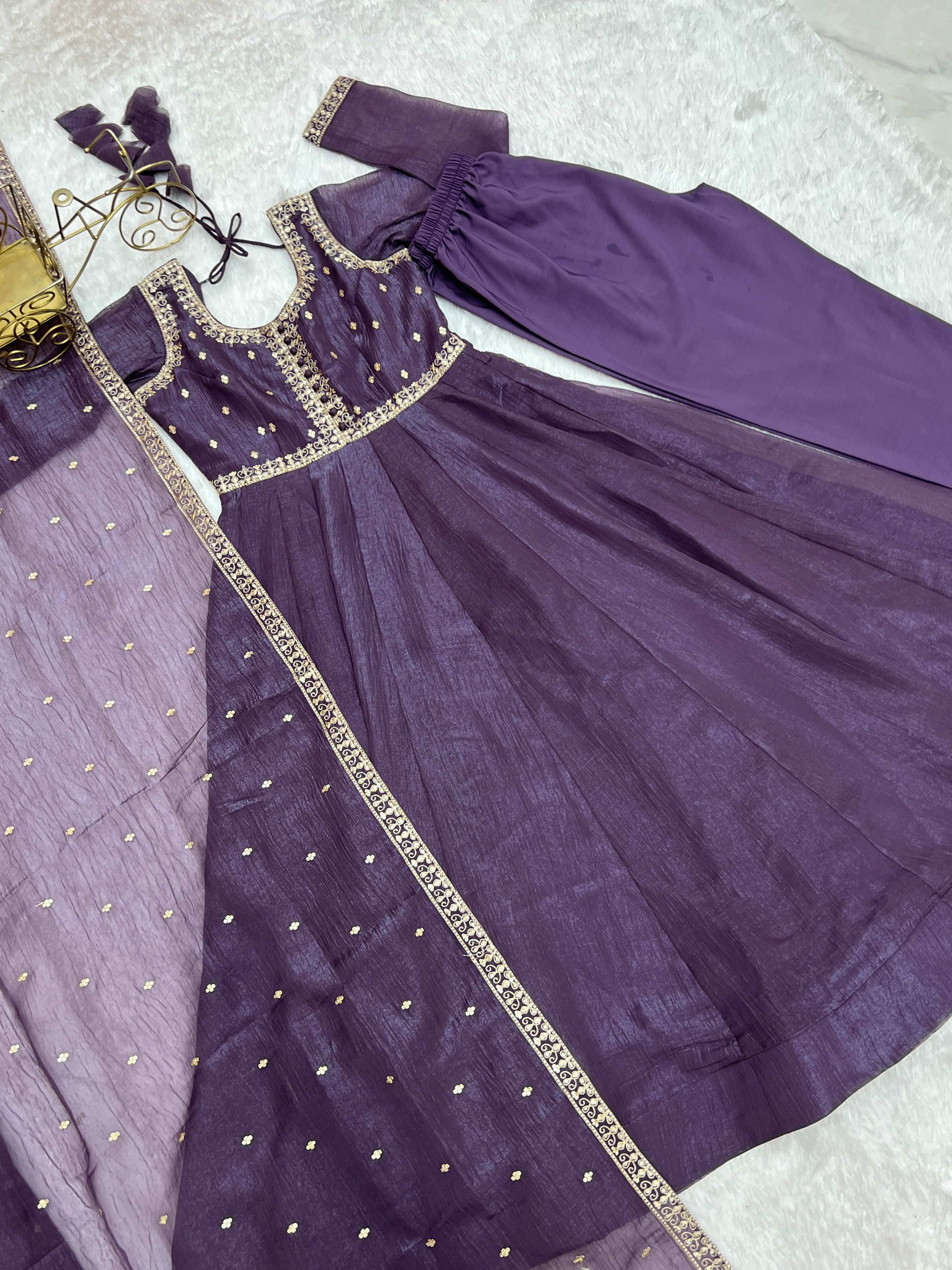 Evanik Lavender Crunchy Silk With Embroidered Zari Dori Work Anarkali Set
