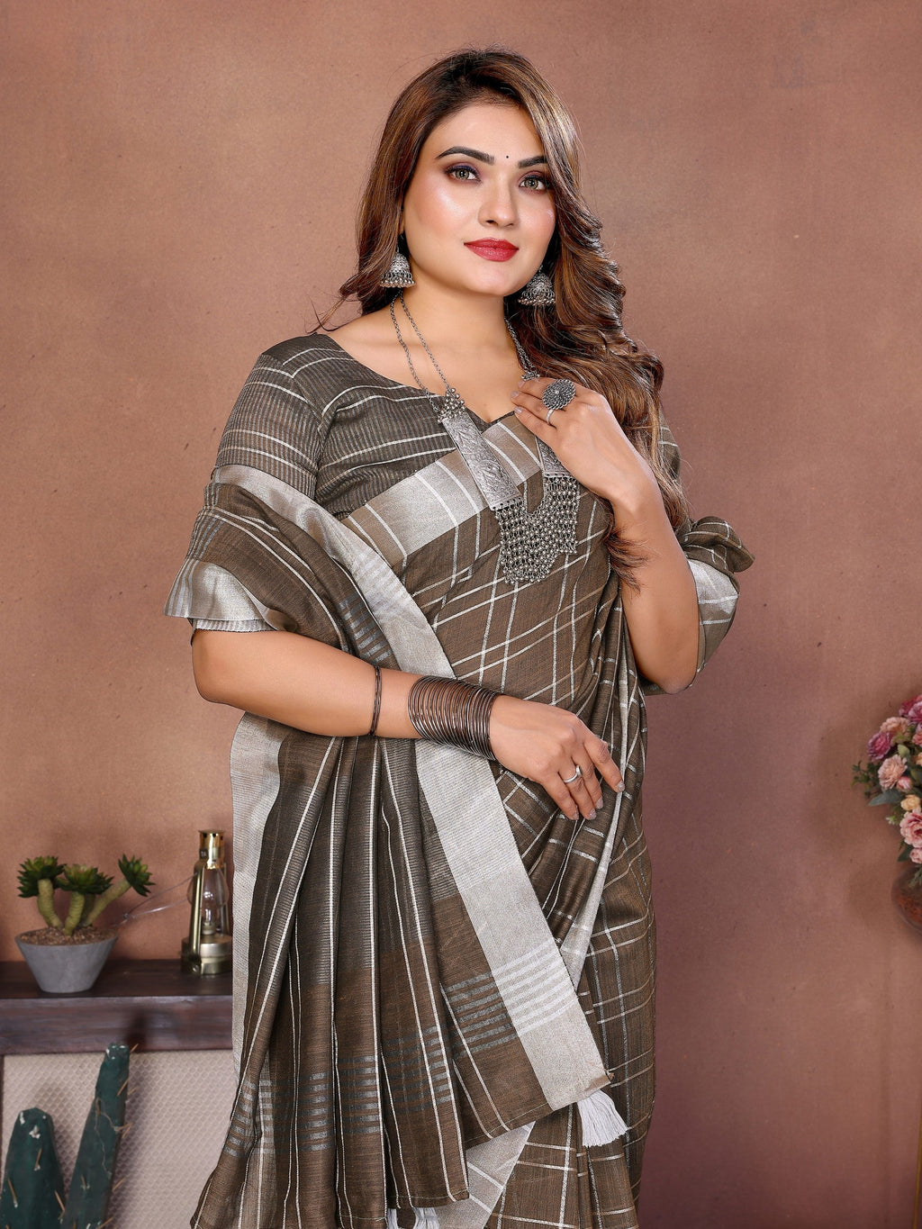 Anaita Chocolate Weaving Linen Cotton Saree With Blouse