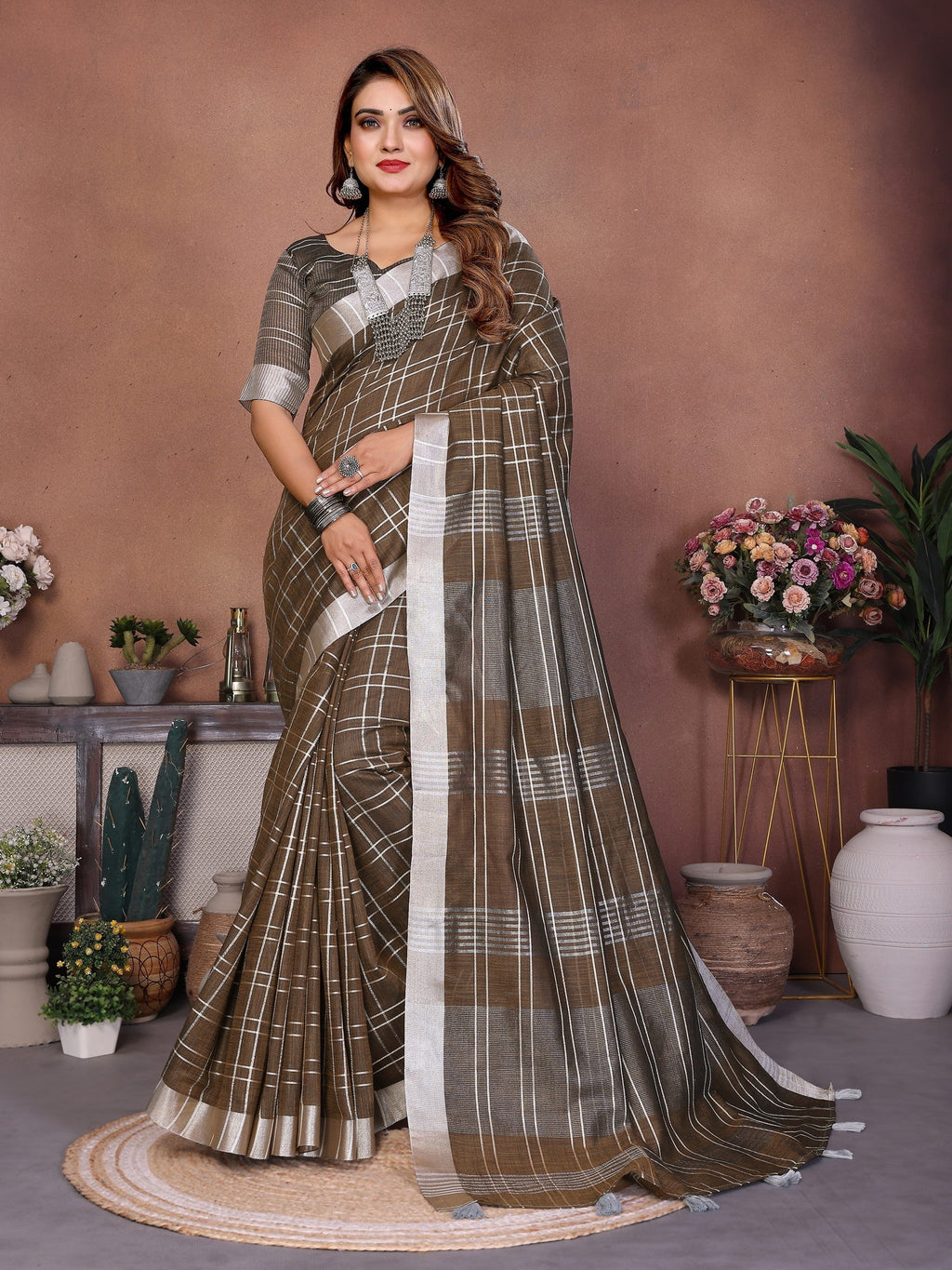 Anaita Chocolate Weaving Linen Cotton Saree With Blouse