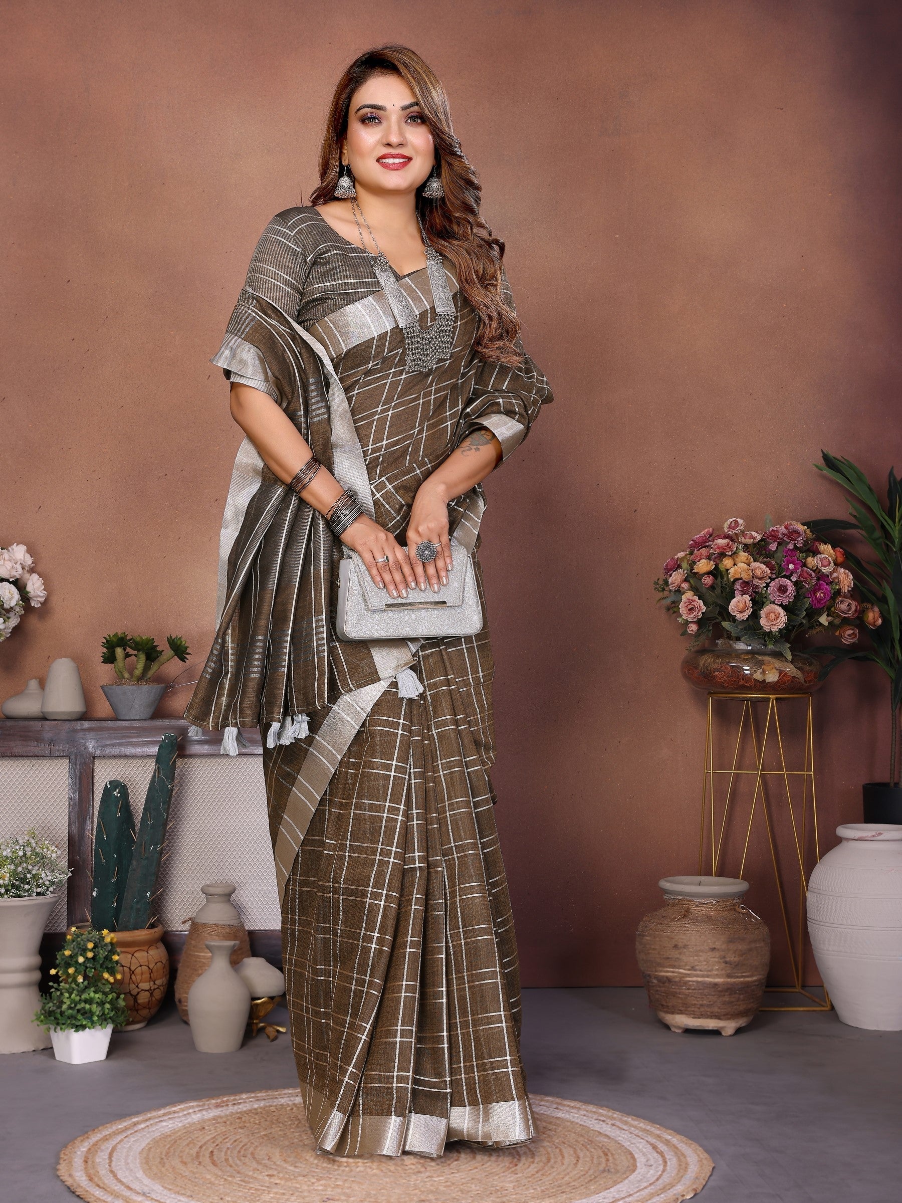 Anaita Chocolate Weaving Linen Cotton Saree With Blouse
