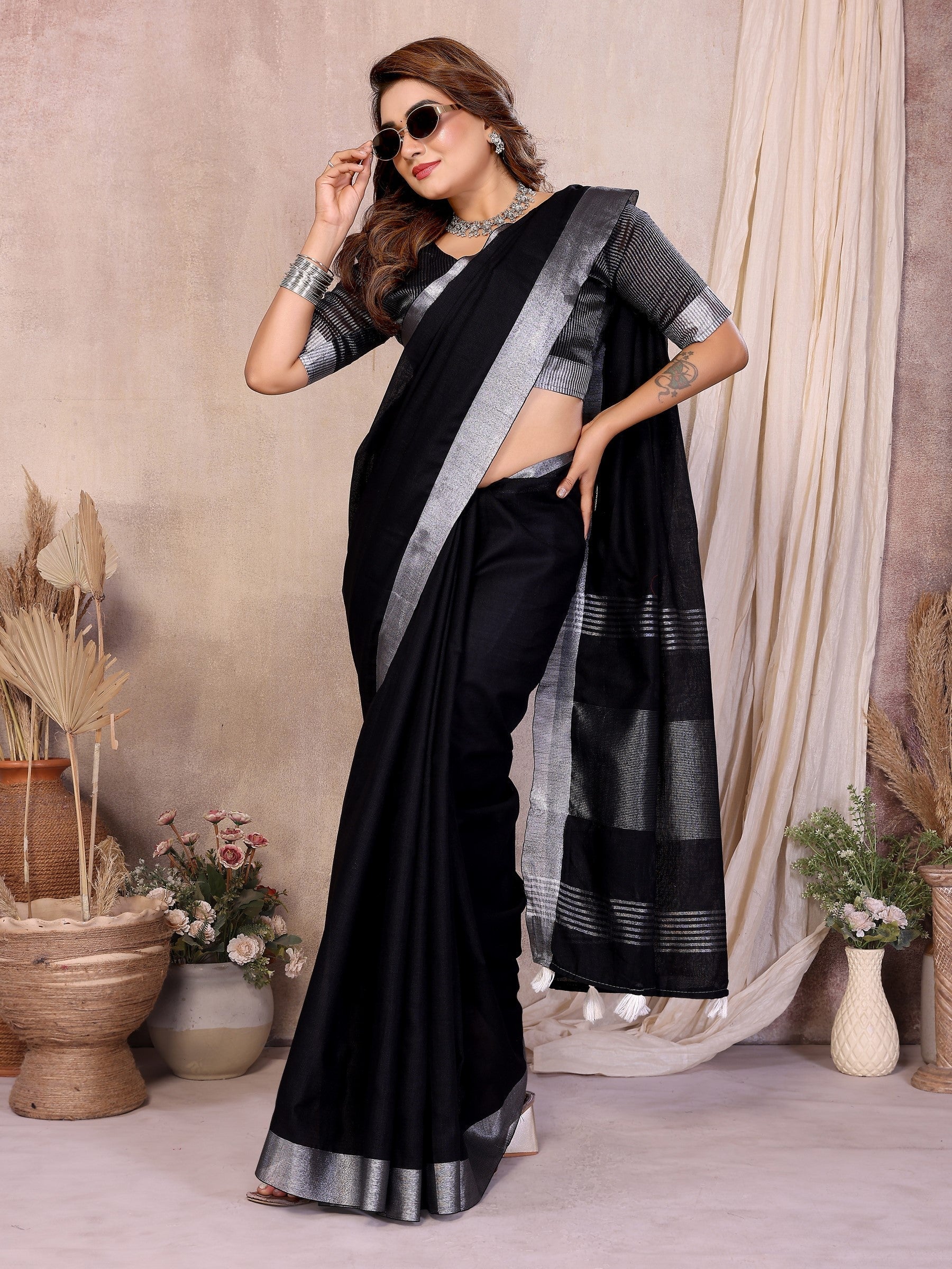 Anaita Black Weaving Linen Cotton Saree With Blouse