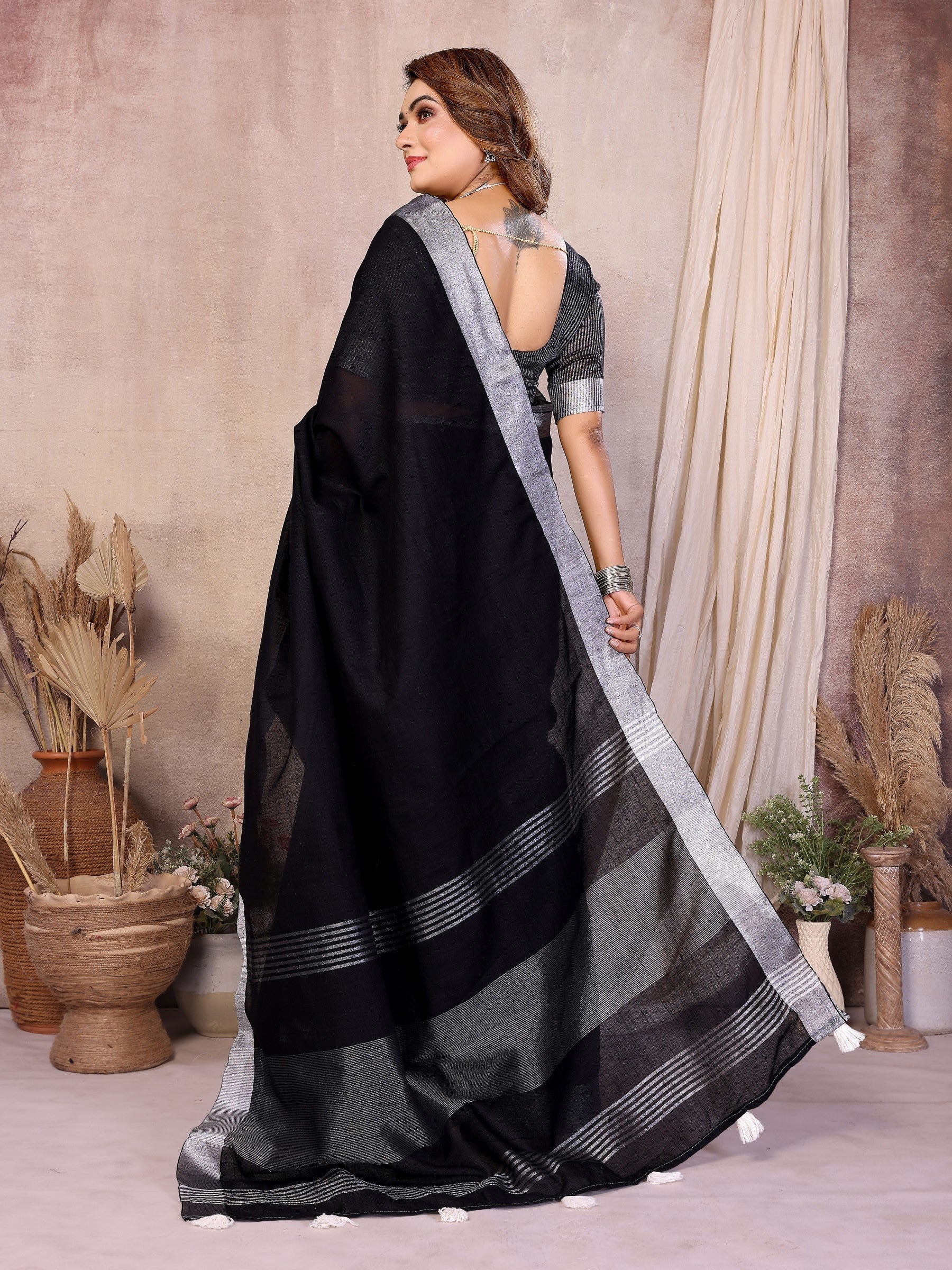 Anaita Black Weaving Linen Cotton Saree With Blouse