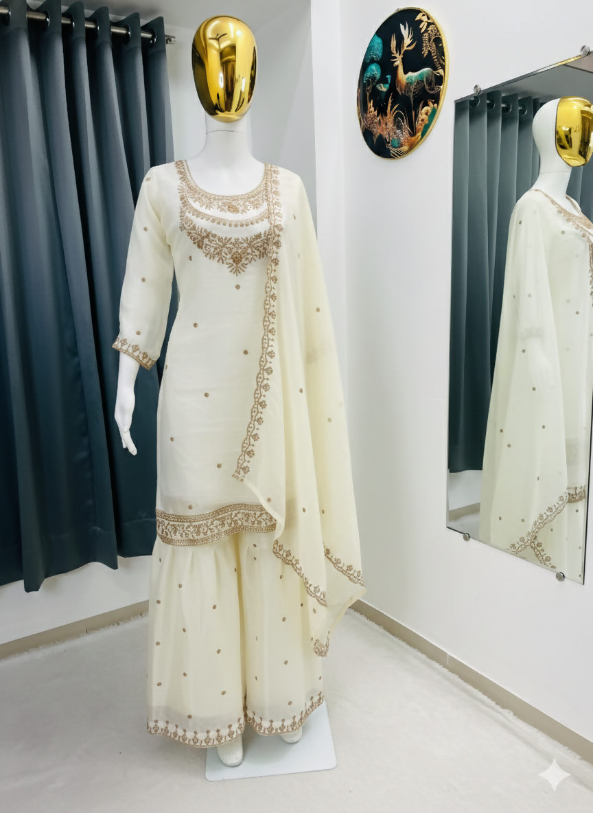 Teeya Creation Cream Color Fendy Satin Silk Heavy Embroidery Work Sharara Suit
