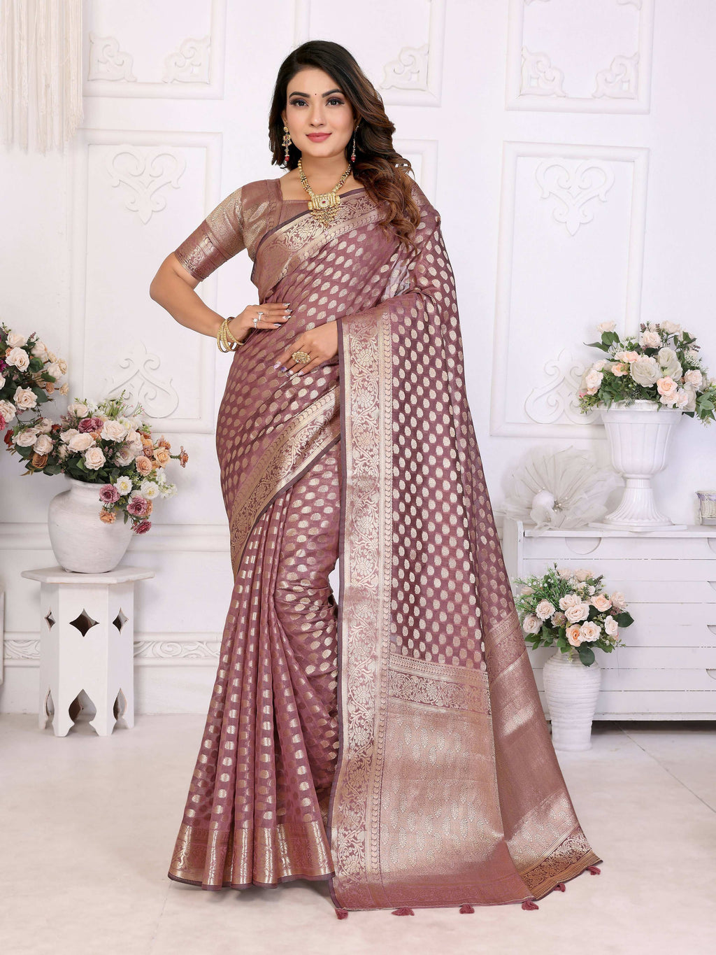 Aastha Fashion Dusty Rose Organza Silk Weaving Saree