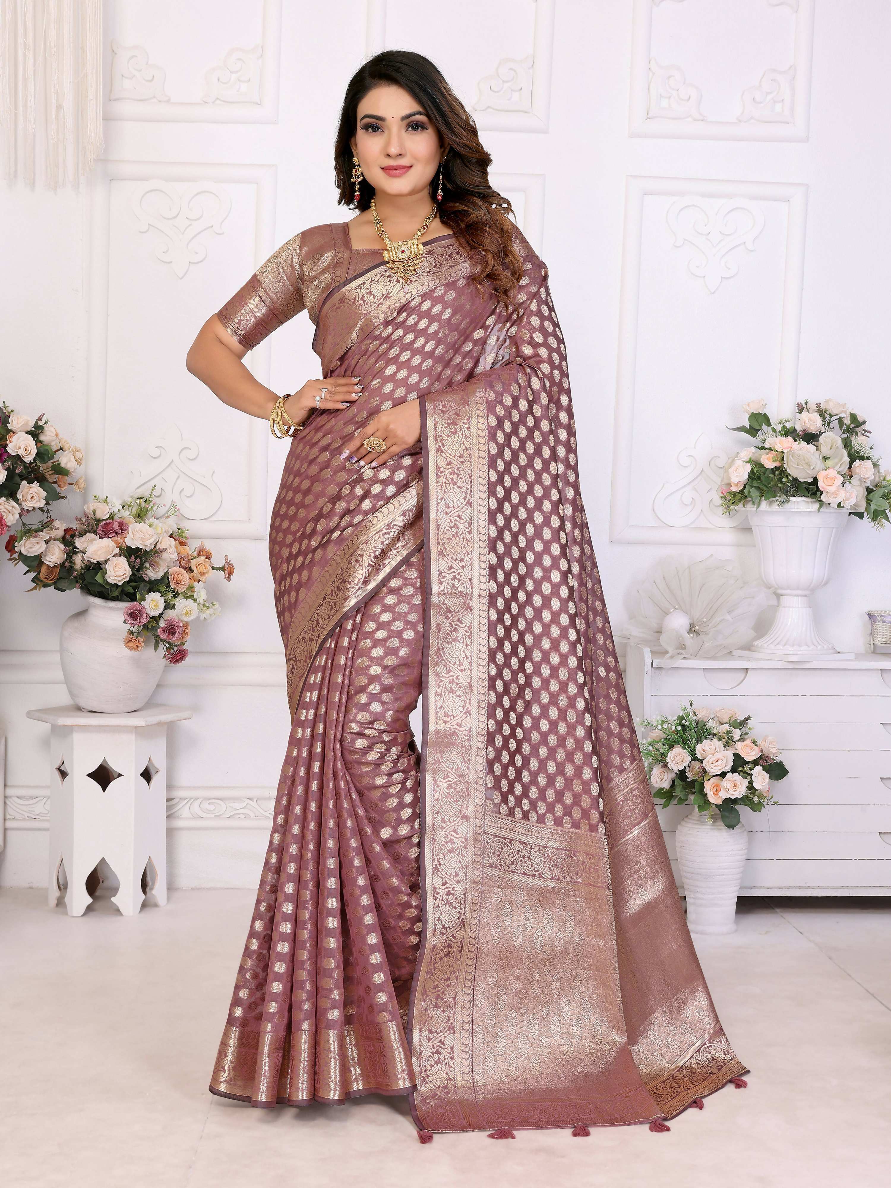 Aastha Fashion Dusty Rose Organza Silk Weaving Saree