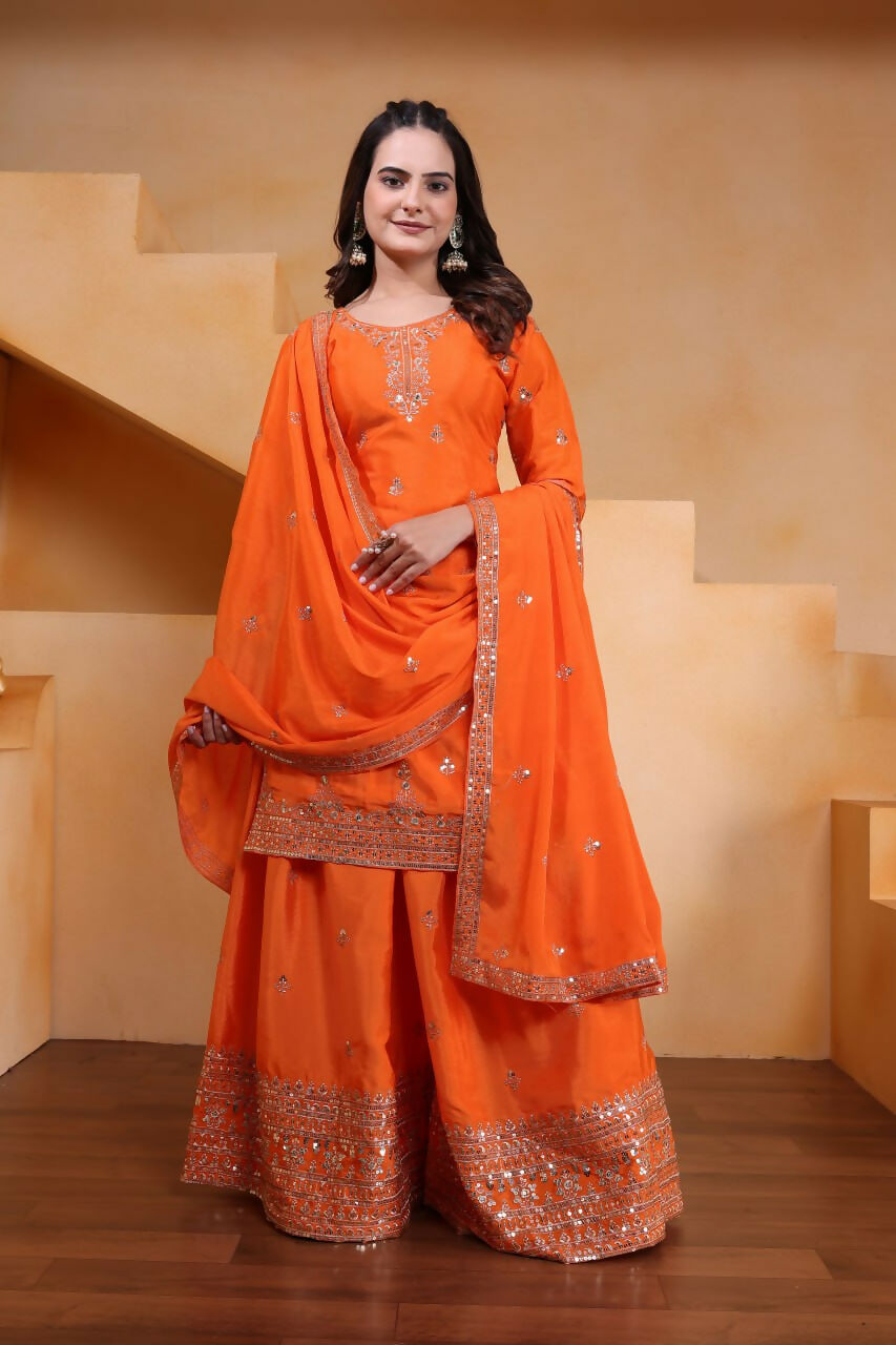Joban Fashion Orange Silk Embroidered Sharara Set
