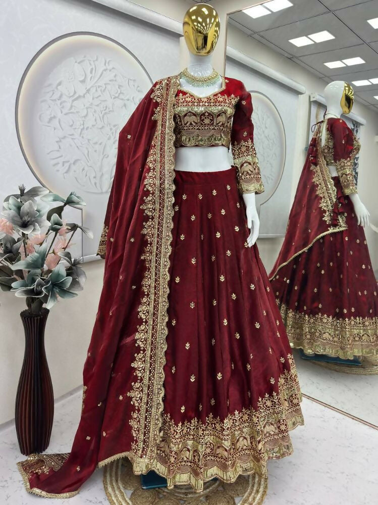 Teeya Creation Maroon Color Fendy Satin Heavy Embroidery Work Wedding Wear Stitched Lehenga Choli