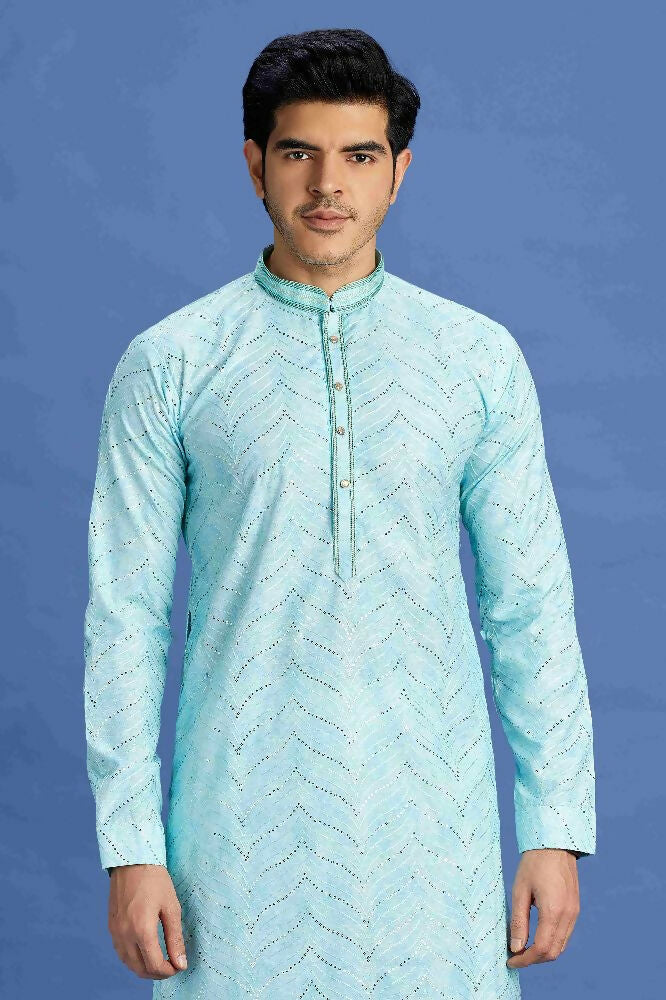 Raivat Ethnic Cotton Embroidery Kurta Pajama In Sky Blue Colour