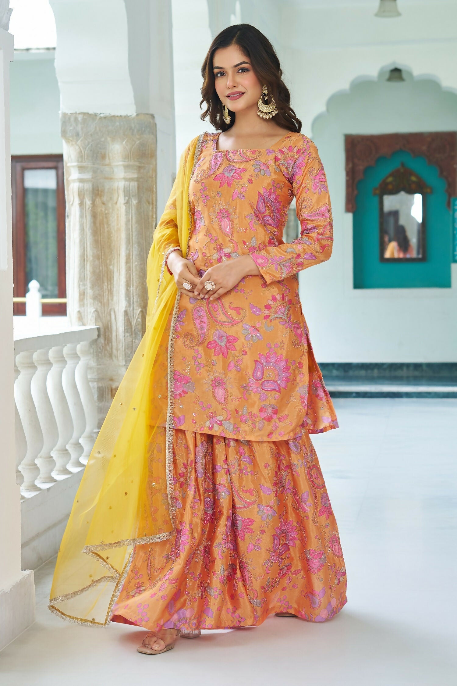 Joban Fashion Yellow Kurta Set Chinnon Embroidery Sequence Work