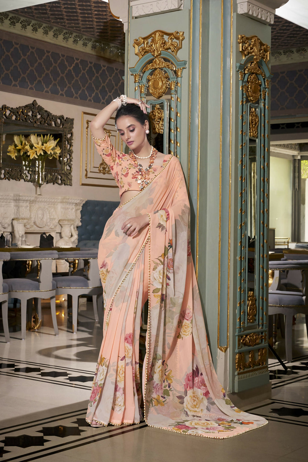 Vastranavya Peach Spectacular Georgette Printed with Pearl Lace Saree with Unstitched Blouse
