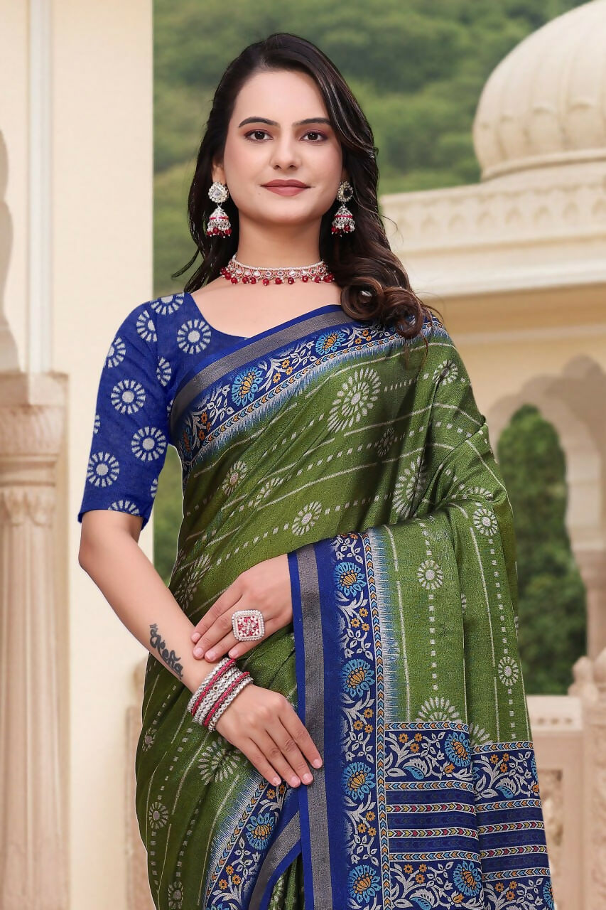 Prime Volt Women's Green & Blue Printed Mal Cotton Saree with Designer Blouse Piece