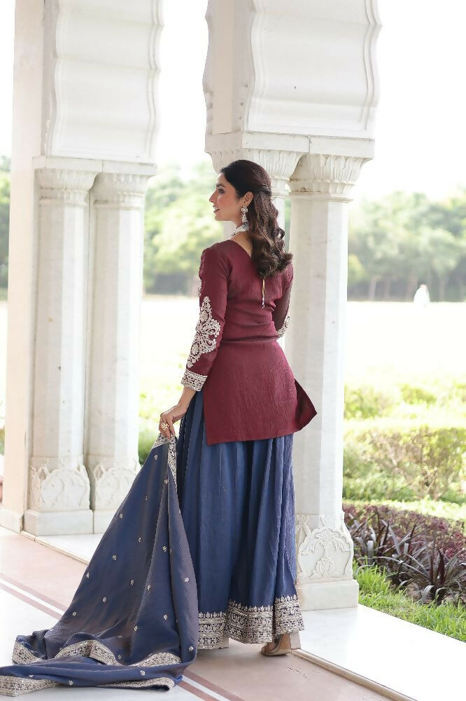 Joban Fashion Maroon Kurta Set Silk Sequins , Zari, Coding & Thread Embroidered work