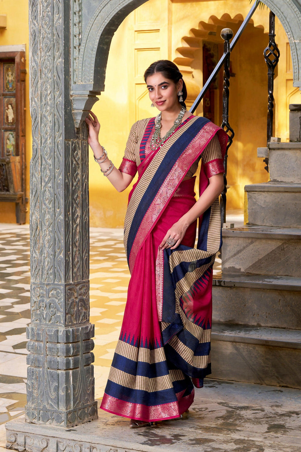 Vastranavya Pink Printed with Zari Weaving Work Poly Cotton Saree & Unstitched Blouse