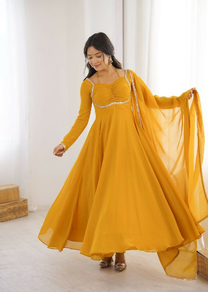 Teeya Creation Yellow Faux Georgette Designer Party Wear Long Gown