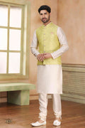 Raivat Ethnic Jacquard Banarasi Silk Woven Work 3 Pics Jacket Set In Lemon Colour