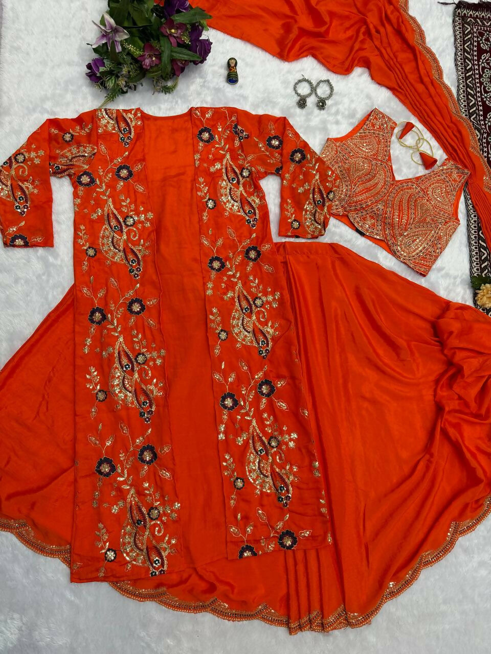 Teeya Creation Orange Color Chinon Silk Designer Embroidery Work Ready To Wear Saree With Koti
