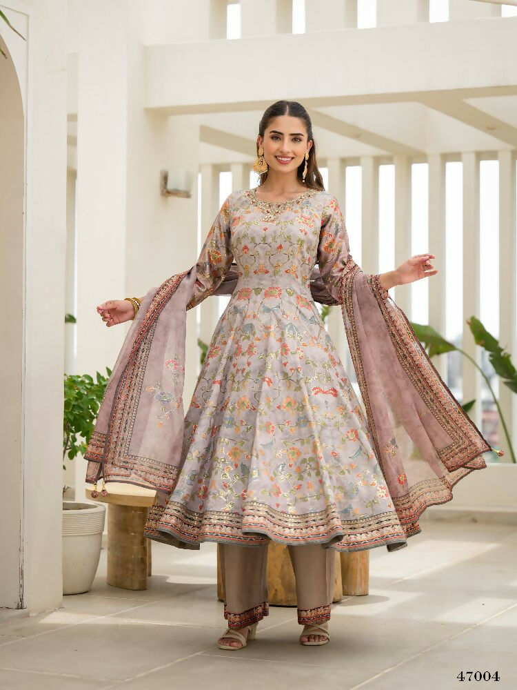 Functional Designer Grey Jam Silk Anarkali suit with Dupatta-Anbazaar