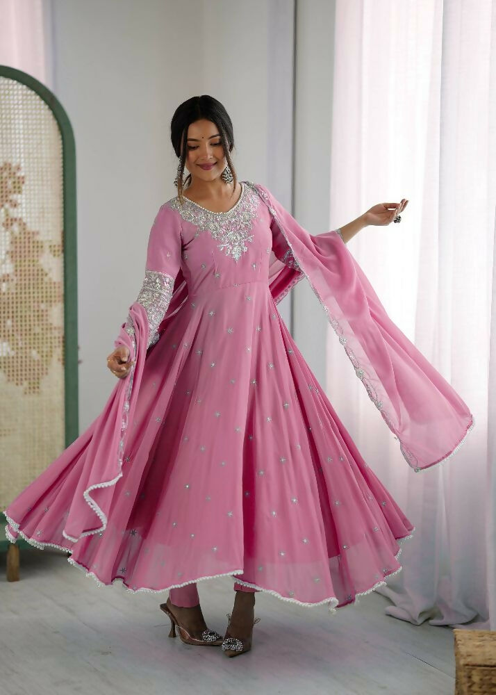 Teeya Creation Baby Pink Color Faux georgette Embroidery Work Wedding Wear Gown