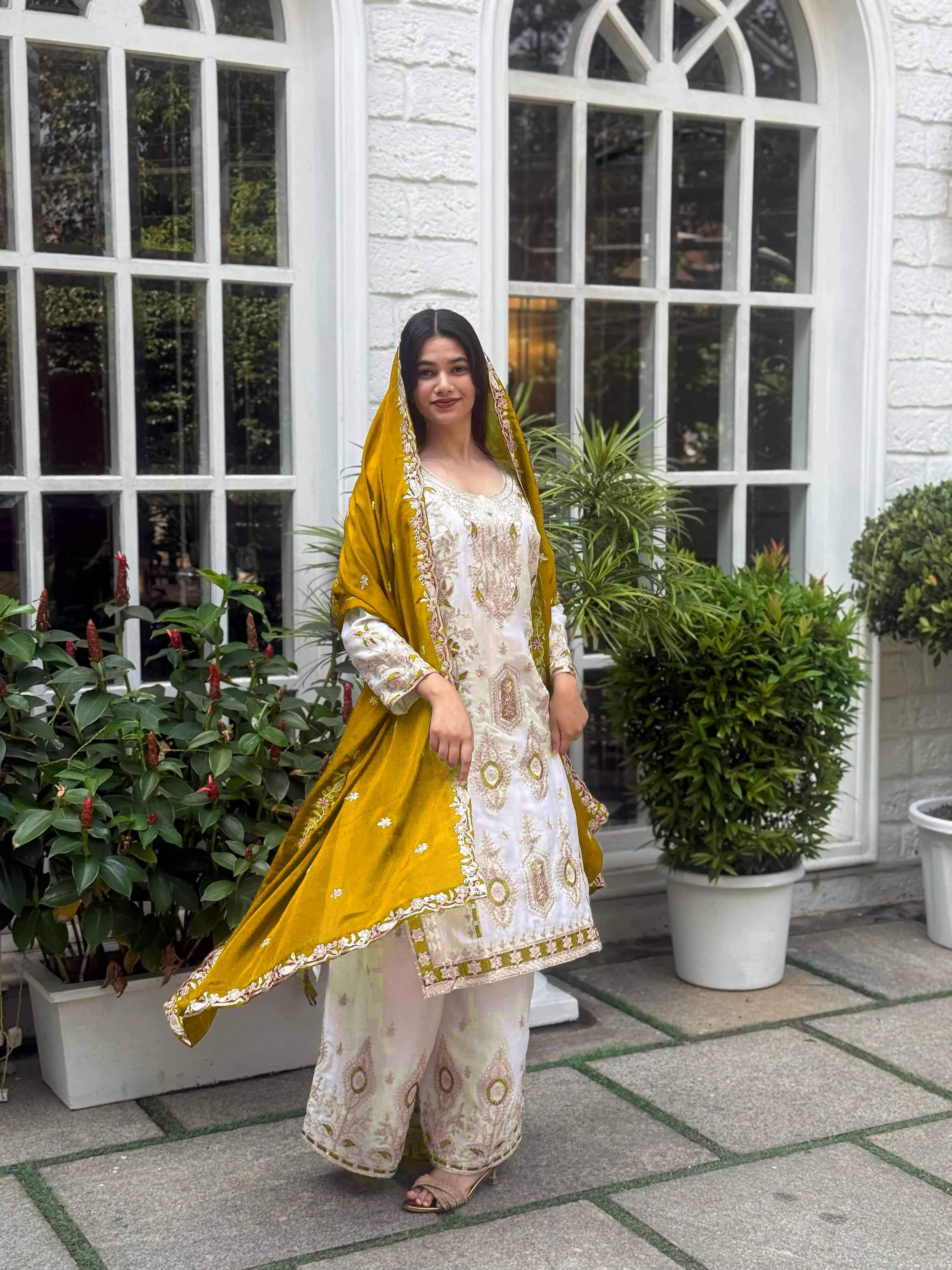 Teeya Creation White Color Chinon Silk Party Wear Trending Palazzo Set