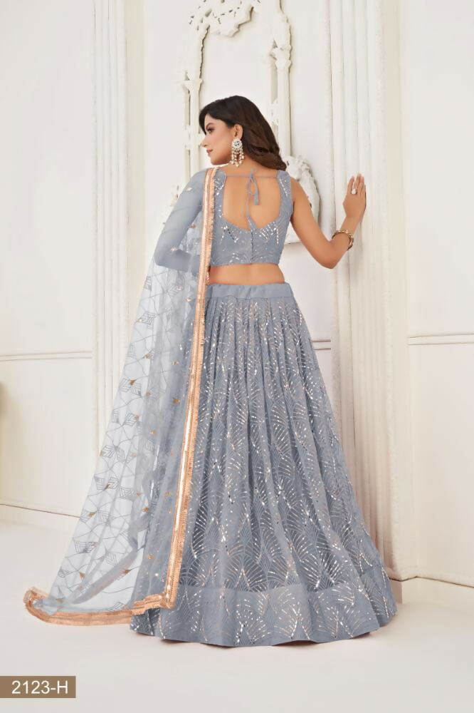 Aastha Fashion Light Gray Butterfly Net Tone To Tone Thread Work, Sequence Work And Original Mirror Work Embroidery Wedding Wear Lehenga Choli