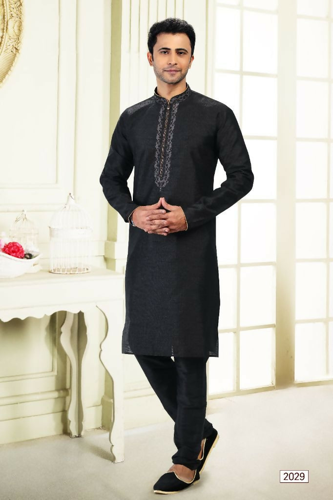 Raivat Ethnic Jacquard Banarasi Silk Thread Work Kurta Pajama In Black Colour