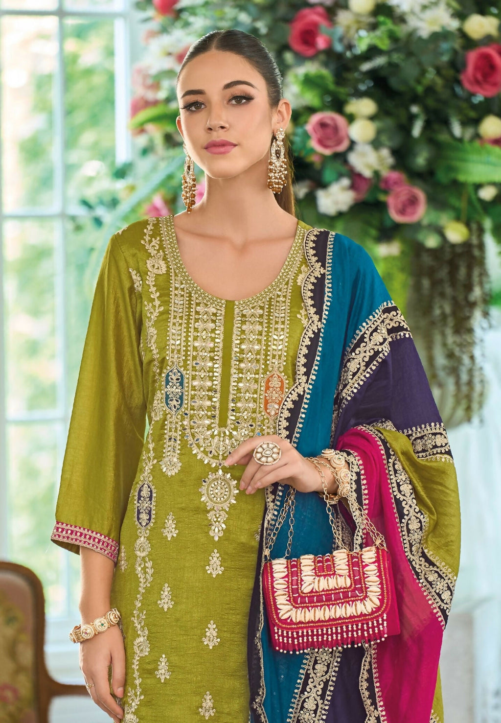 Anaita Green Premium Embroidered Chinon Stitched Salwar Suit