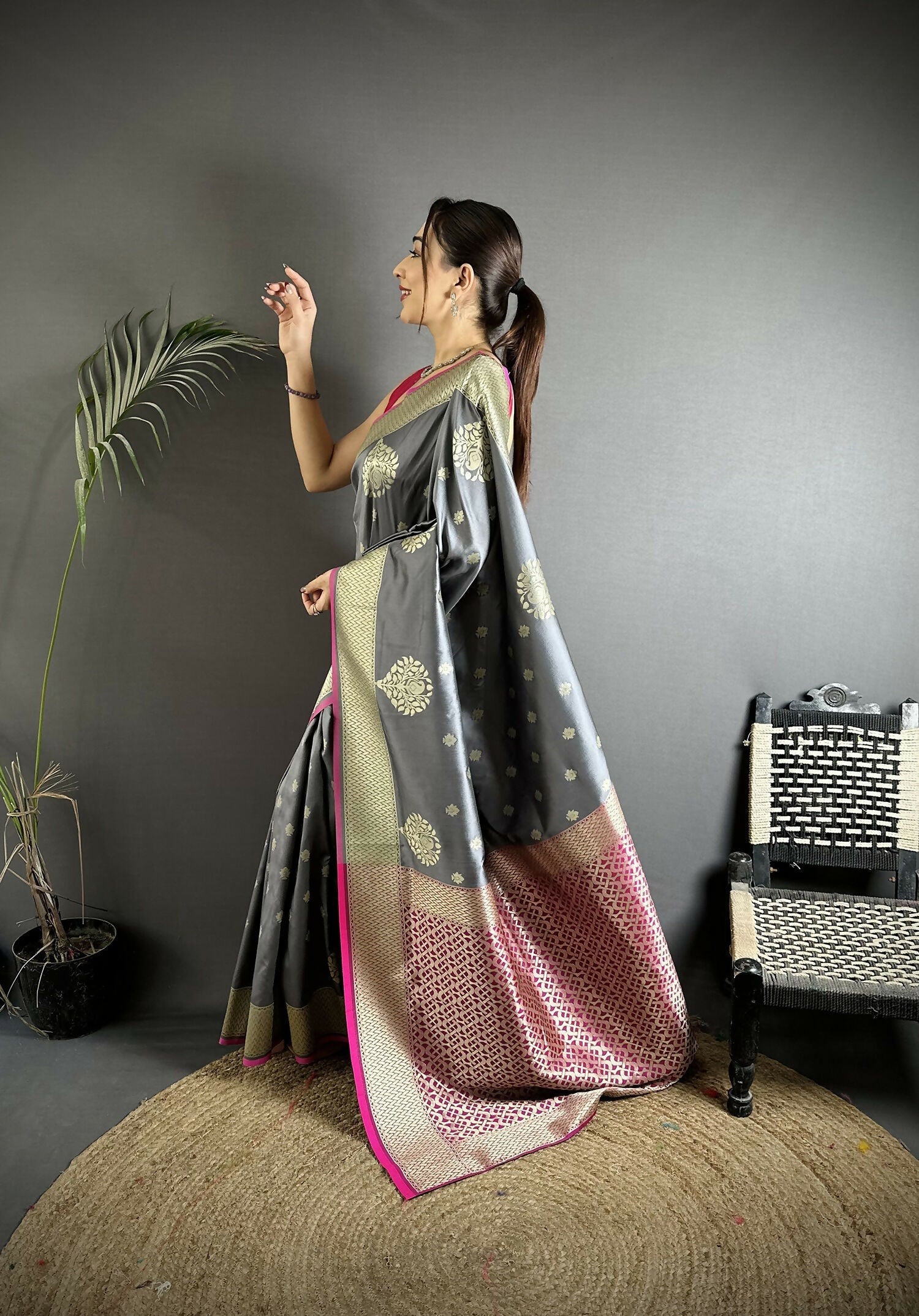 Joban Fashion Grey Woven Butti Soft Silk Banarasi Silk Saree