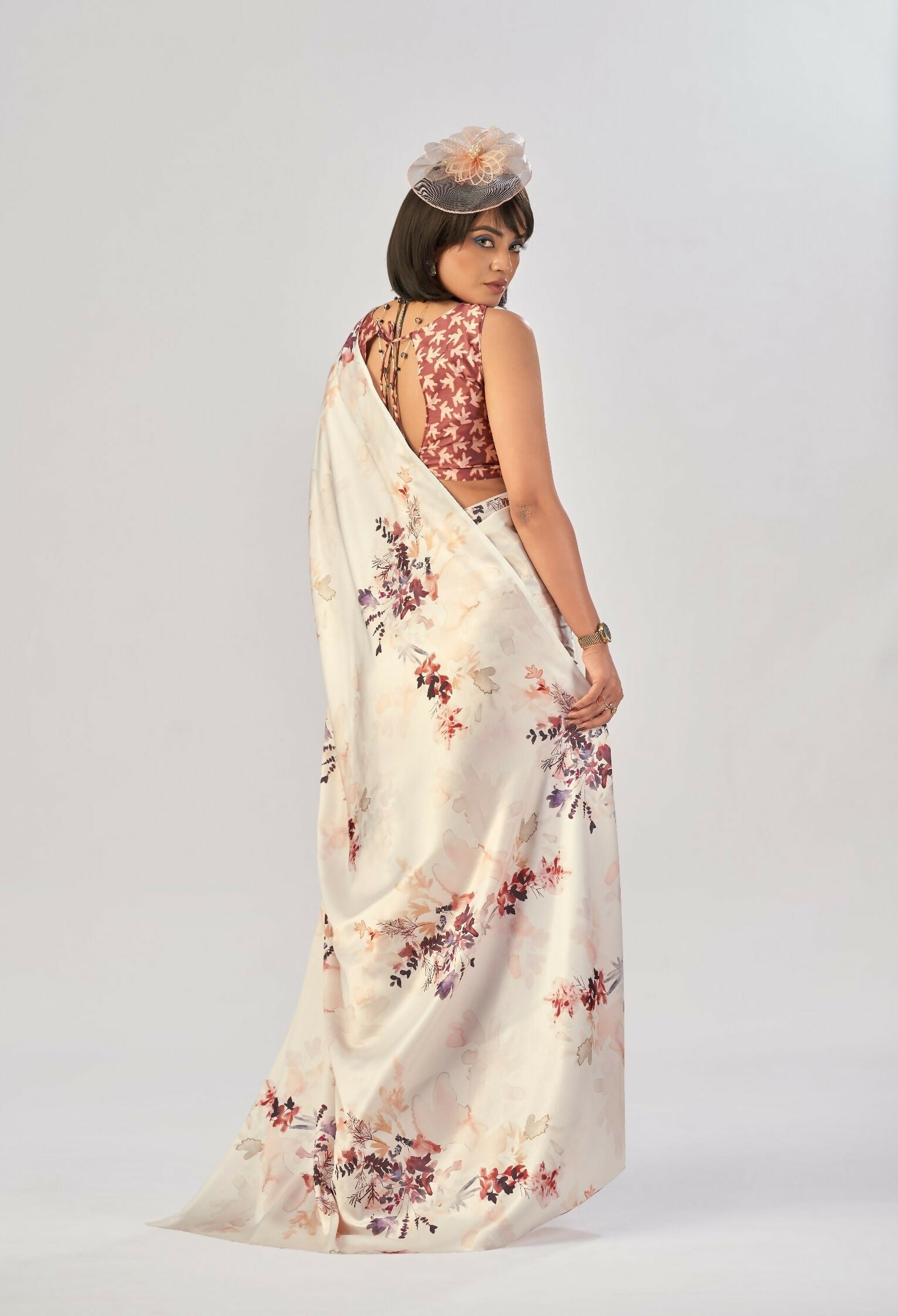 Vastranavya White Satin Silk Elegant Printed Saree with Unstitched Blouse