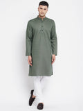 Even Apparels Green Color Linen Men's Kurta With Band Collar