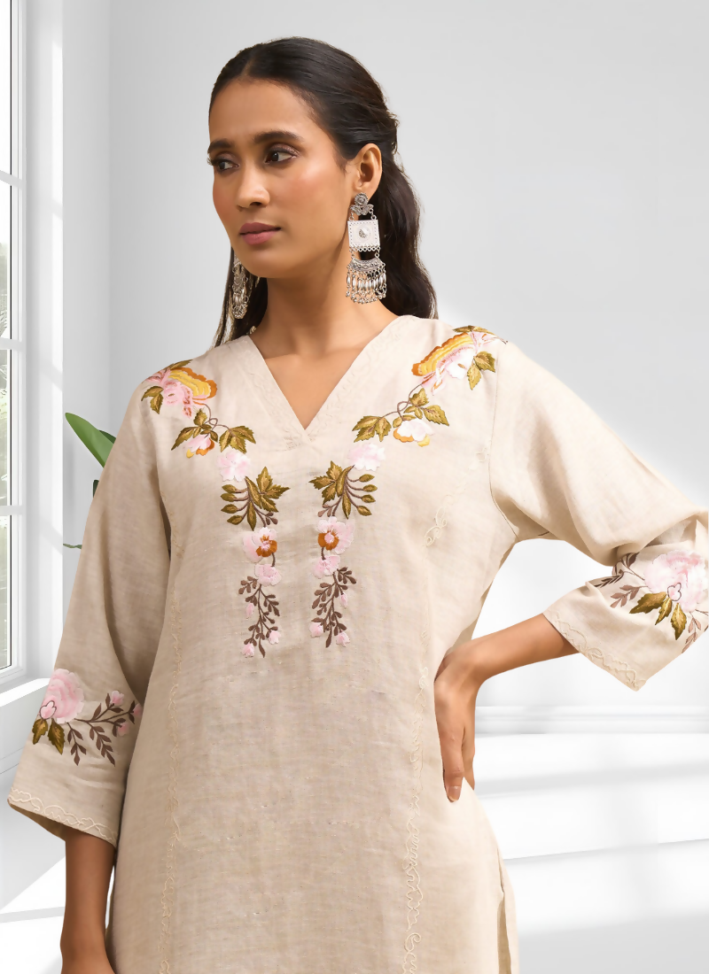 Joban Fashion Beige Linen Embroidered Readymade Long Kurta With Pant