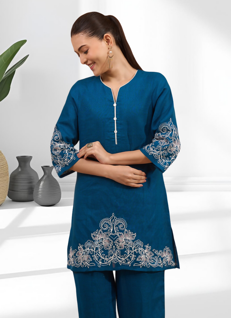 Joban Fashion Teal Linen Embroidered Readymade Cord Set