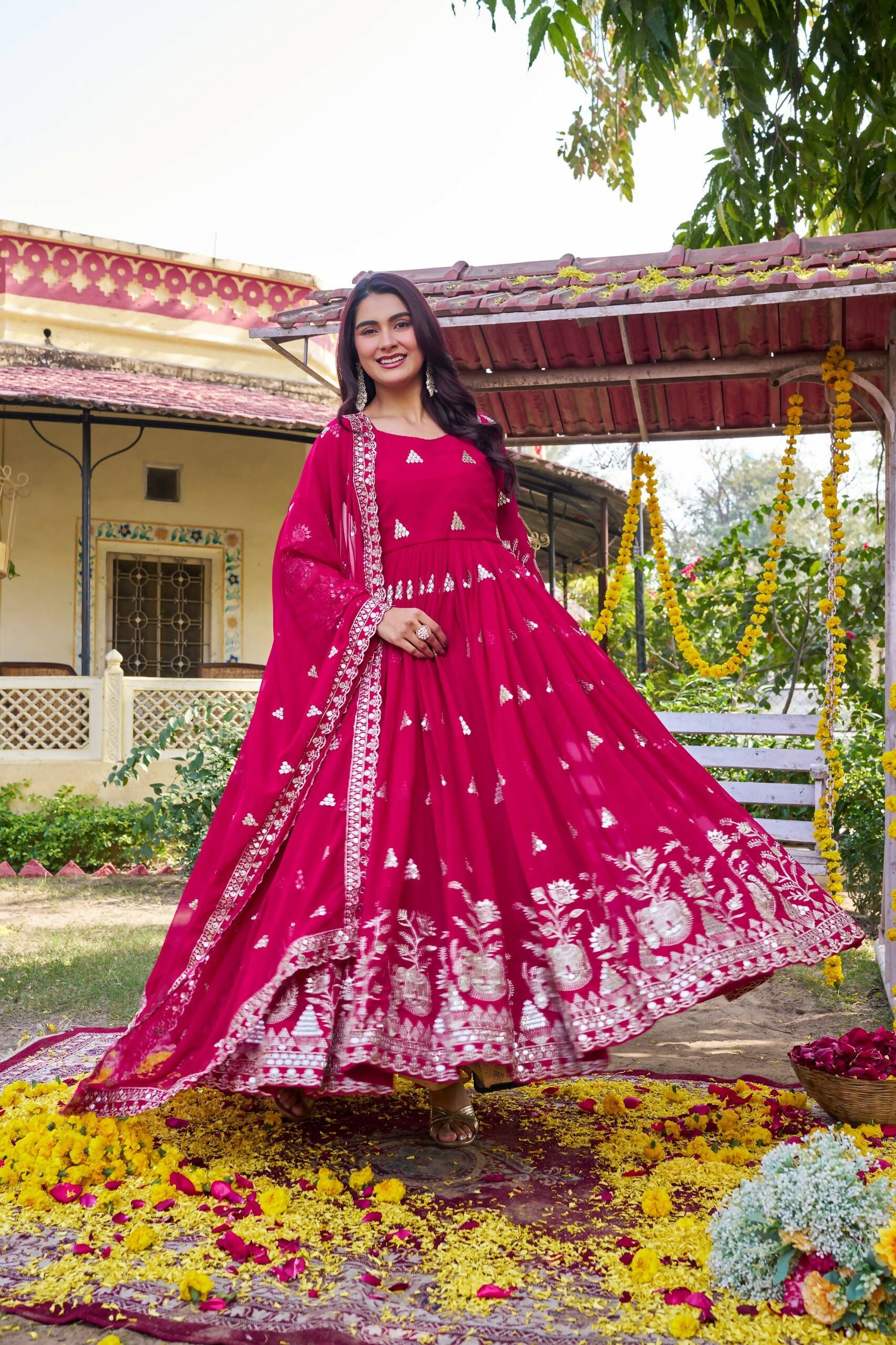 Teeya Creation Womens Casual Party Wear Heavy 7mm Sequence Embroidery Work Pink Gown Set