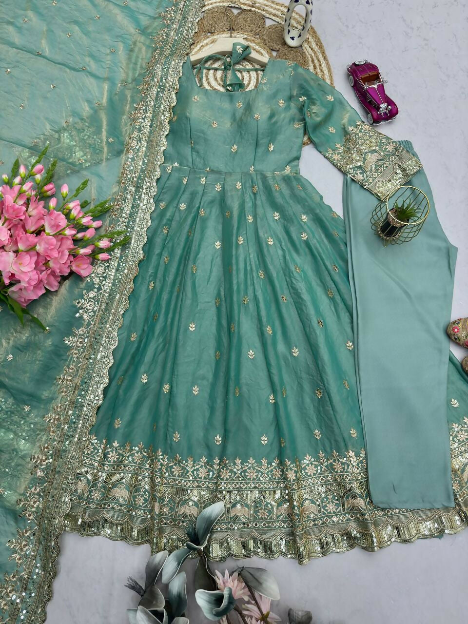 Teeya Creation Teal Fendy Silk Designer Heavy Work Wedding Wear Long Gown