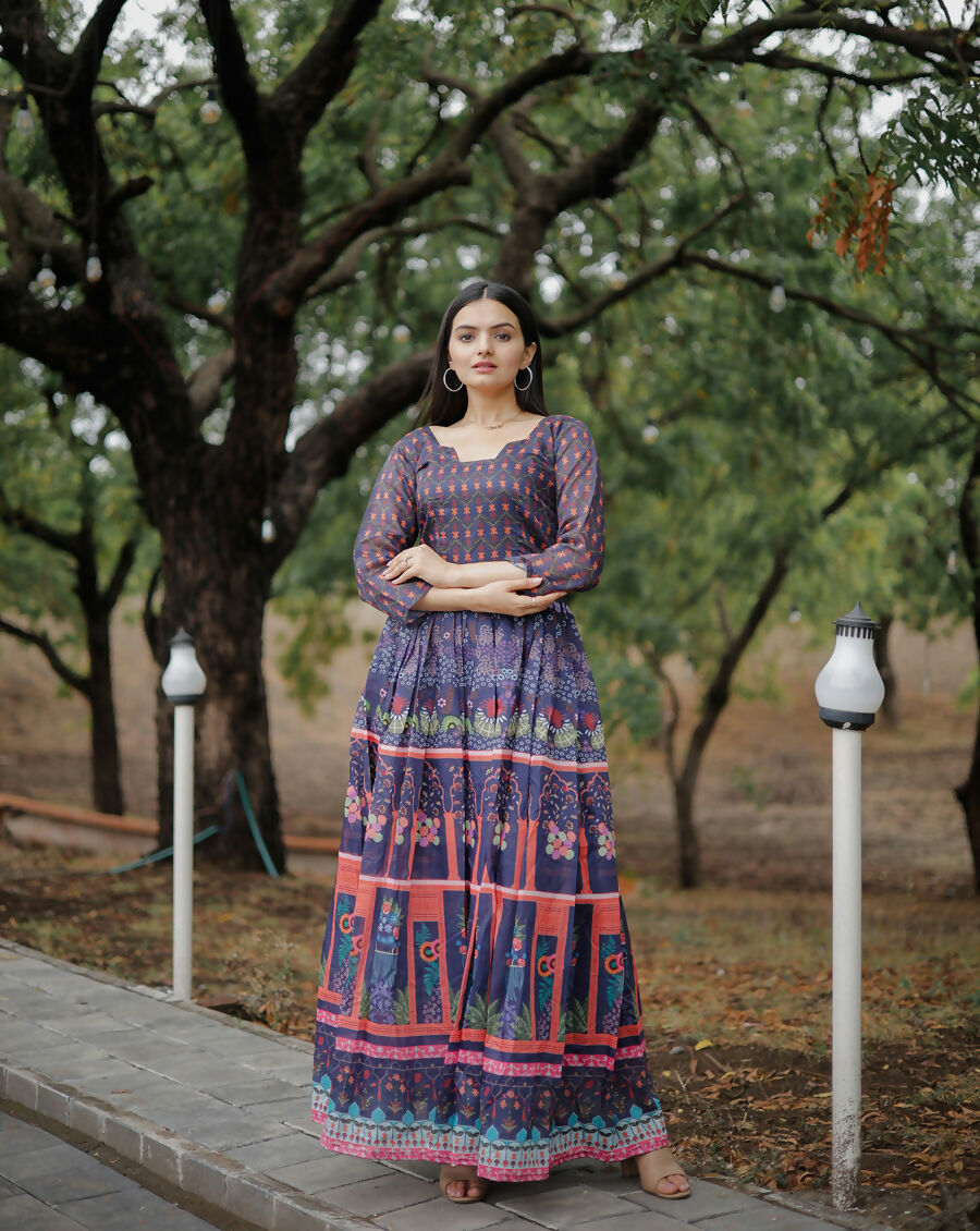 Aayaa Pure Chanderi Gown With Heavy Digital Print - Multi Color