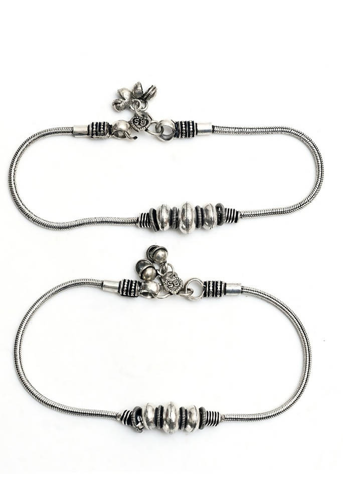 Mominos Fashion Kamal Johar Oxidised Party Wear Silver Anklets