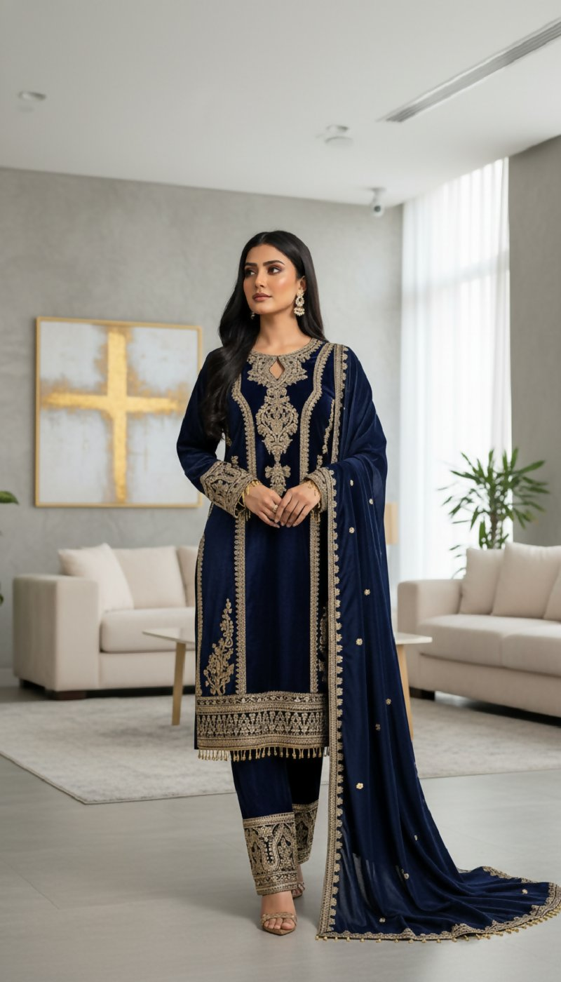 Joban Fashion Blue Kurta Set Velvet Embroidery Sequence Work
