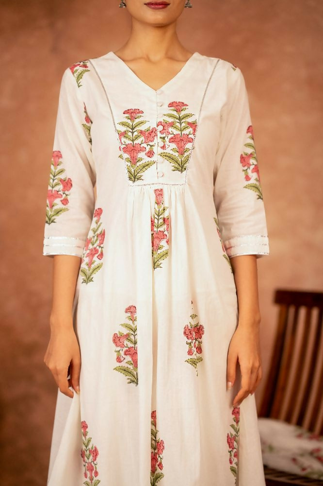Joban Fashion Off White Pink Hand Block Printed Cotton Suit Set