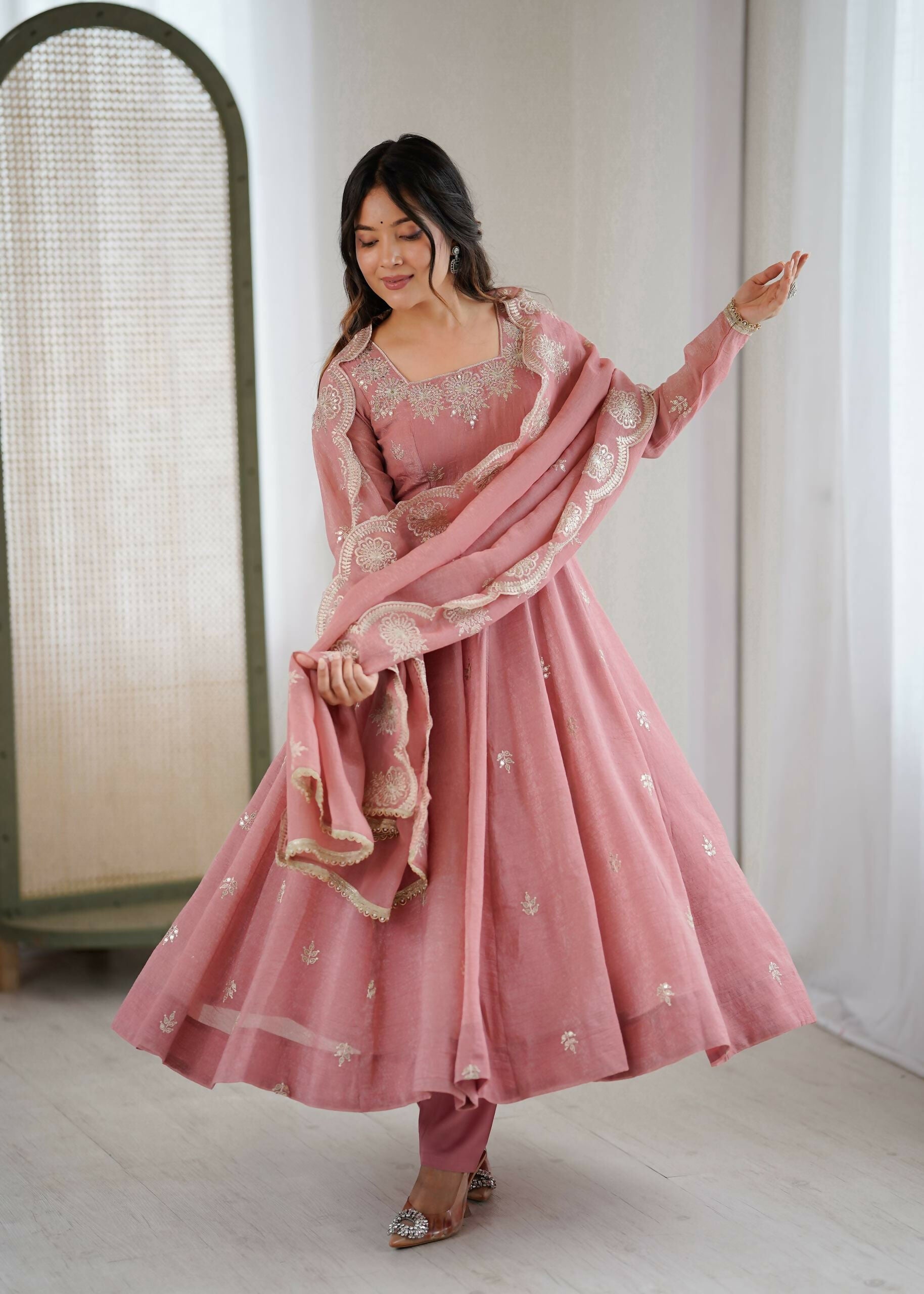 Teeya Creation Peach Color Crunchy Silk Embroidery Work Wedding Wear Gown