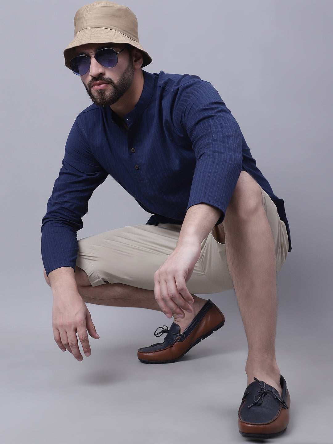 Even Apparels Blue Pure Cotton Short Kurta With Band Collar