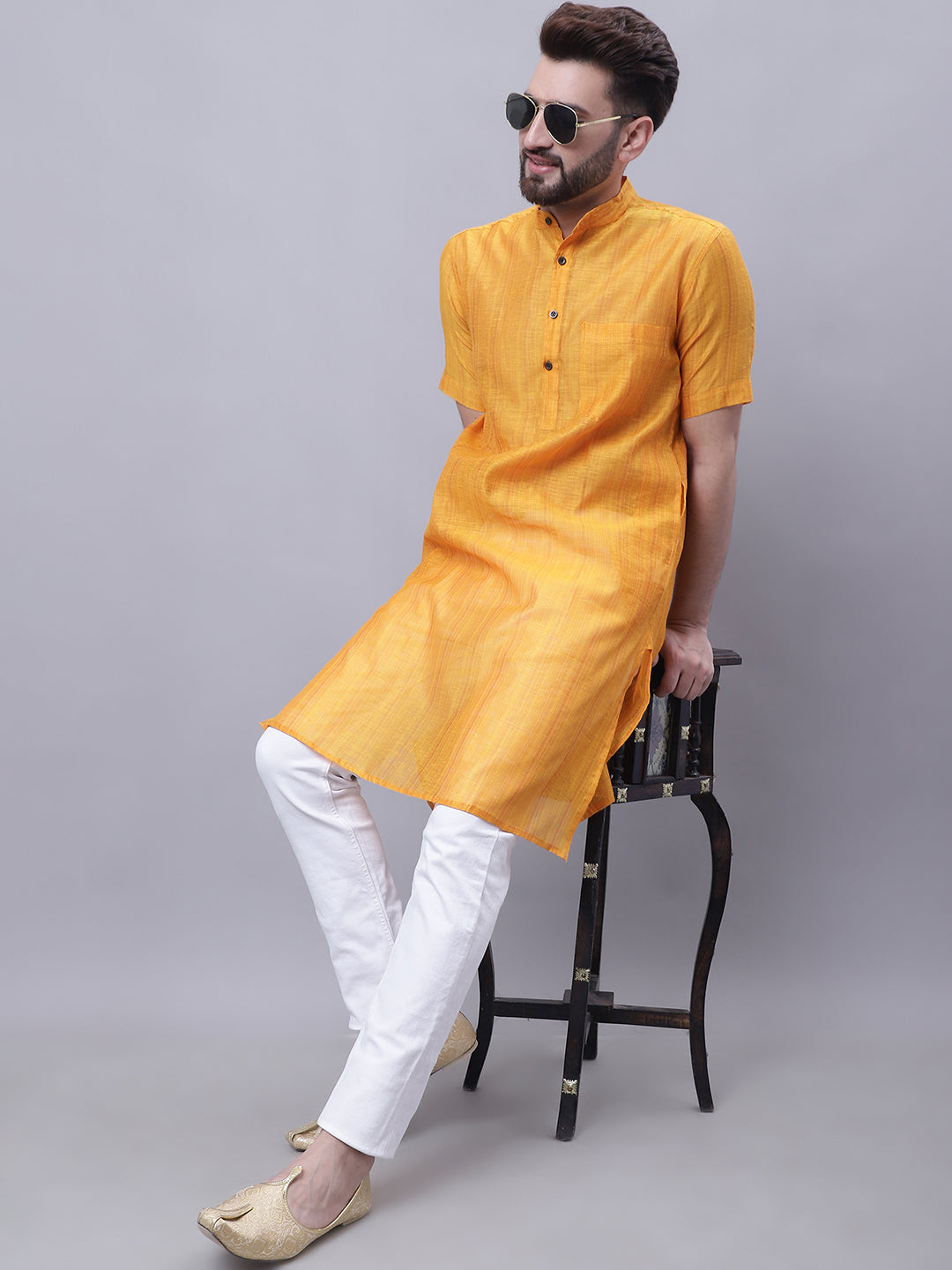 Even Apparels Yellow Pure Cotton Short Sleeves Kurta With Band Collar