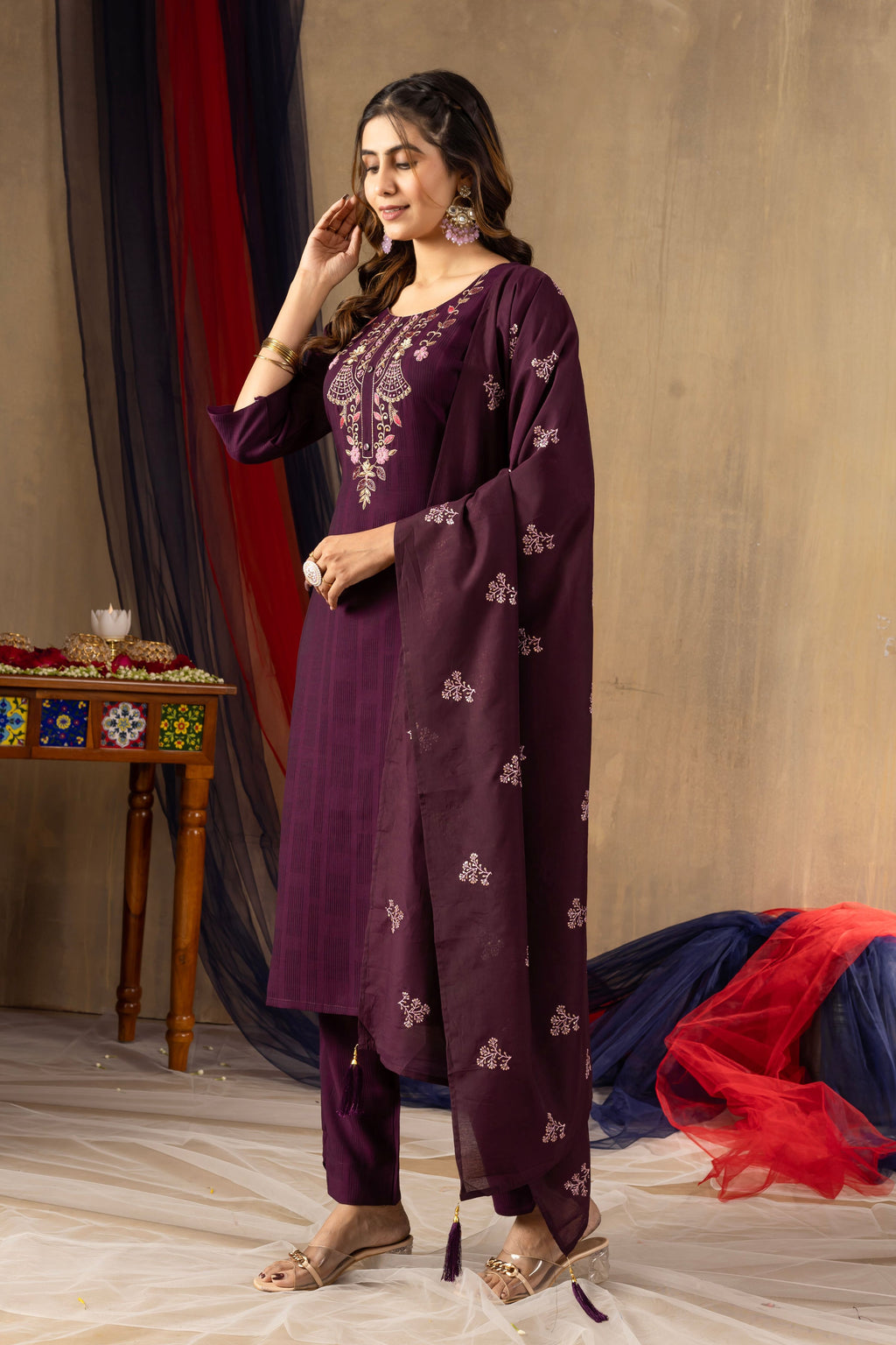 Pramukh Fab Wine Color Viscose Kurta Set