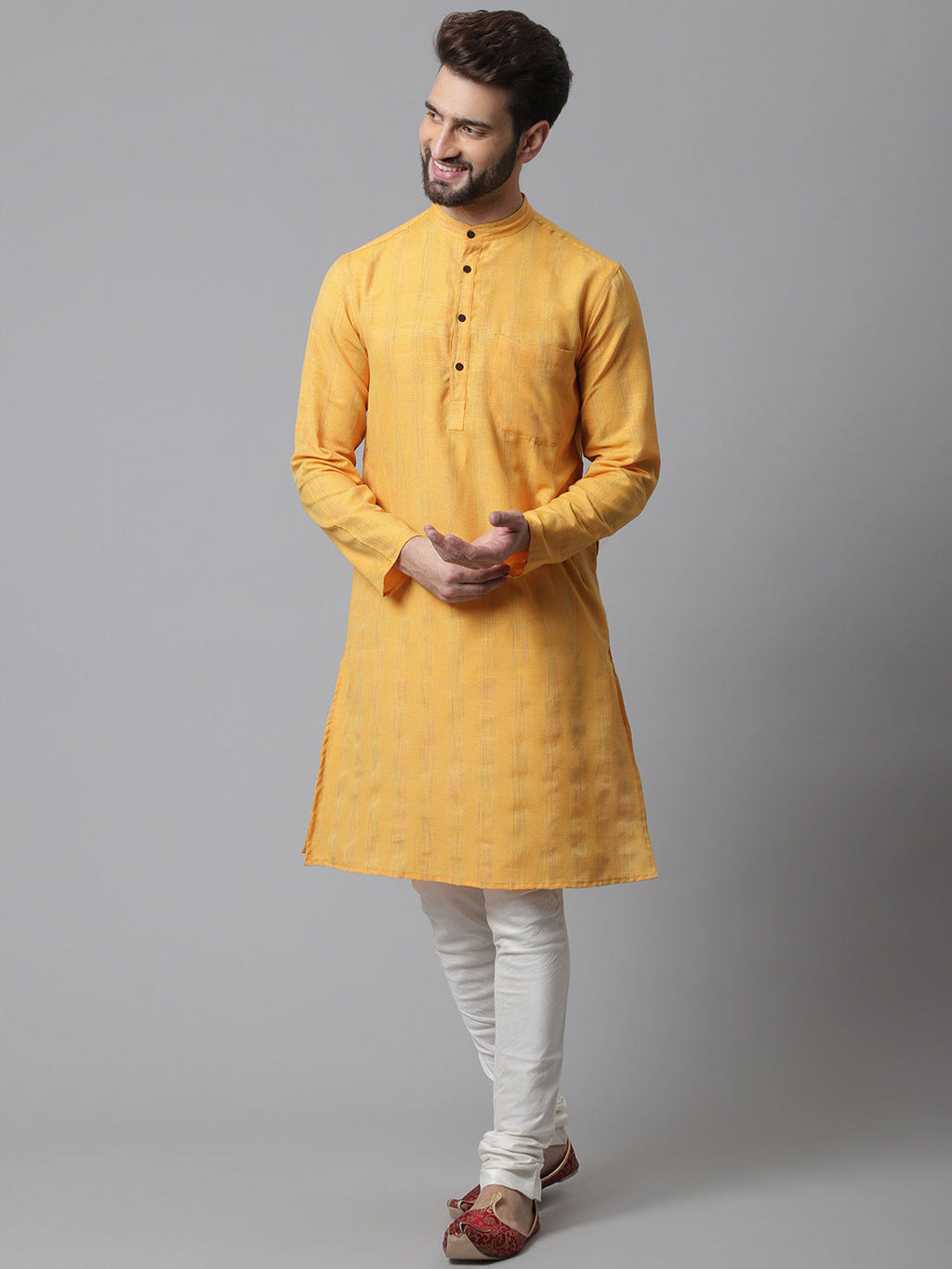 Even Apparels Yellow Kurta With Band Collar