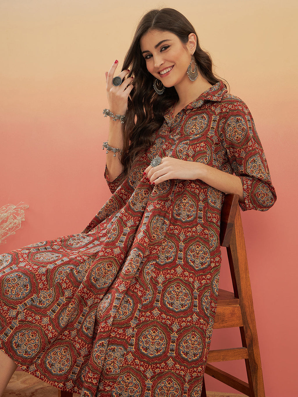 InWeave Women's Maroon Mughal Kalamkari Flared Dress