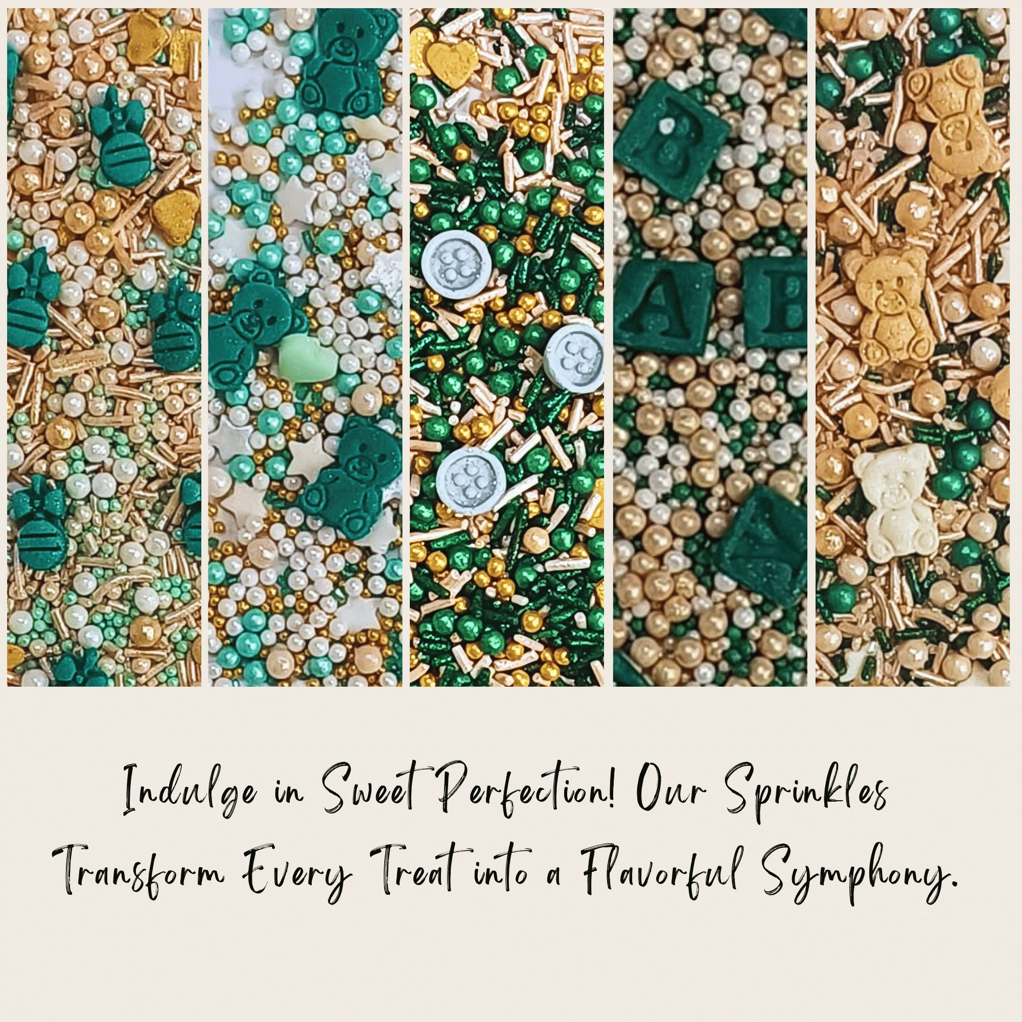 Confect Baby Shower Sprinkles | Gender Reveal Sprinkles | Gold, Silver, Mint Green & Pearl Dragees Pack of 5 (BABY SHOWER -09)
