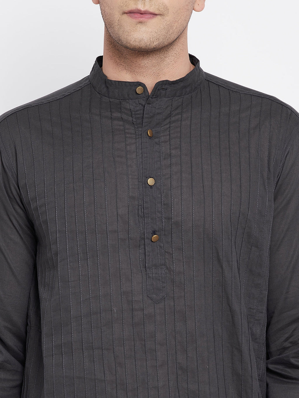 Even Apparels Grey Pure Cotton Kurta With Band Collar