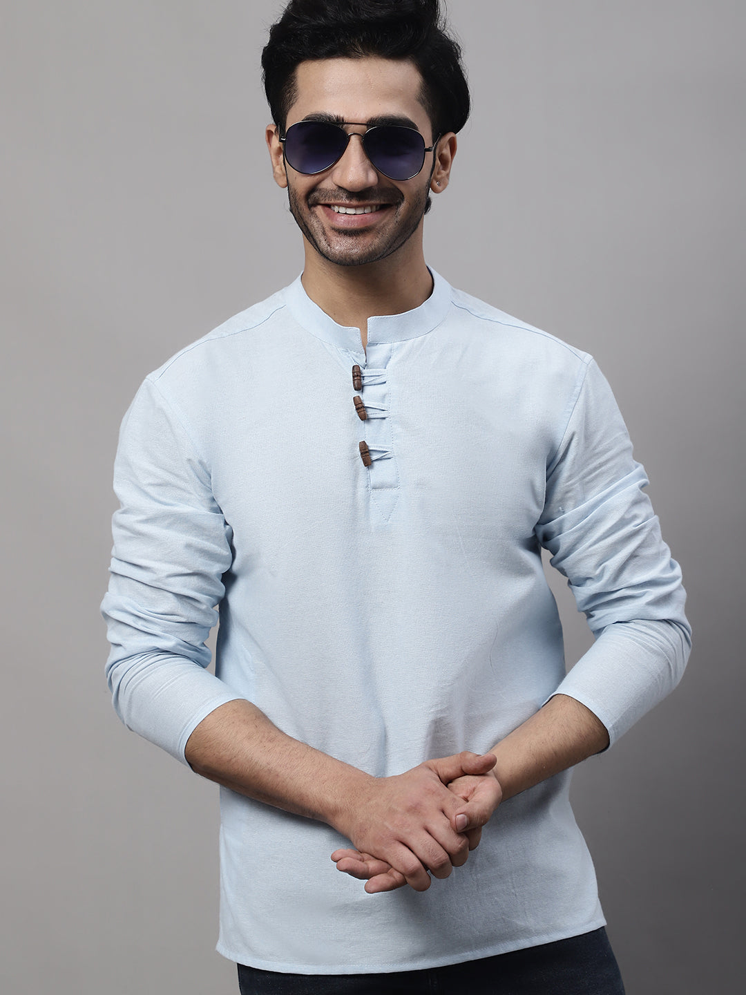 Even Apparels Blue Pure Cotton Kurta With Band Collar